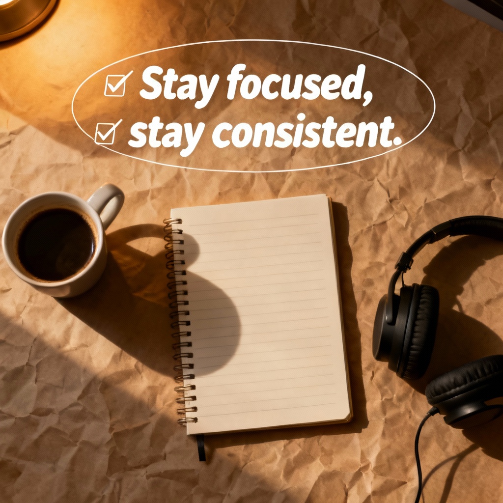 AI study motivational poster with cozy desk and focus quote