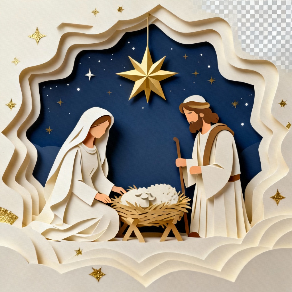 Layered papercut nativity scene clipart in blue and gold