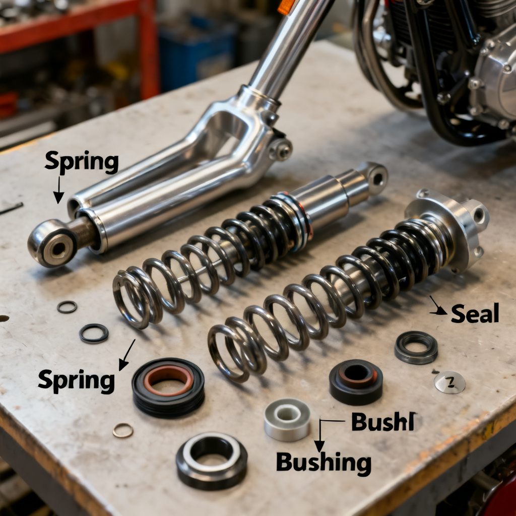 AI front fork rebuild sequence and parts layout