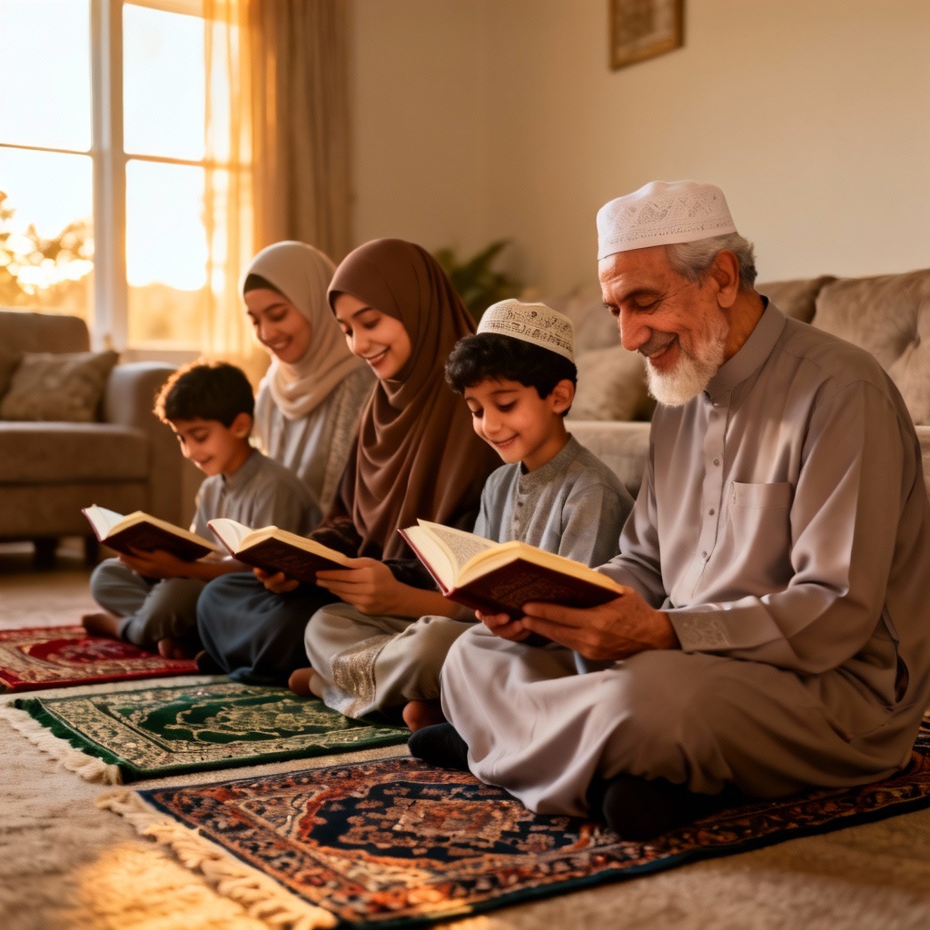 AI multigenerational Muslim family Quran study scene