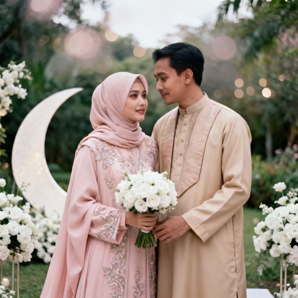 AI Nikah Muslim wedding couple in elegant garden