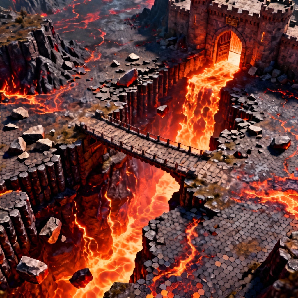 AI volcanic bridge battlemap with hex grid and magma chasm