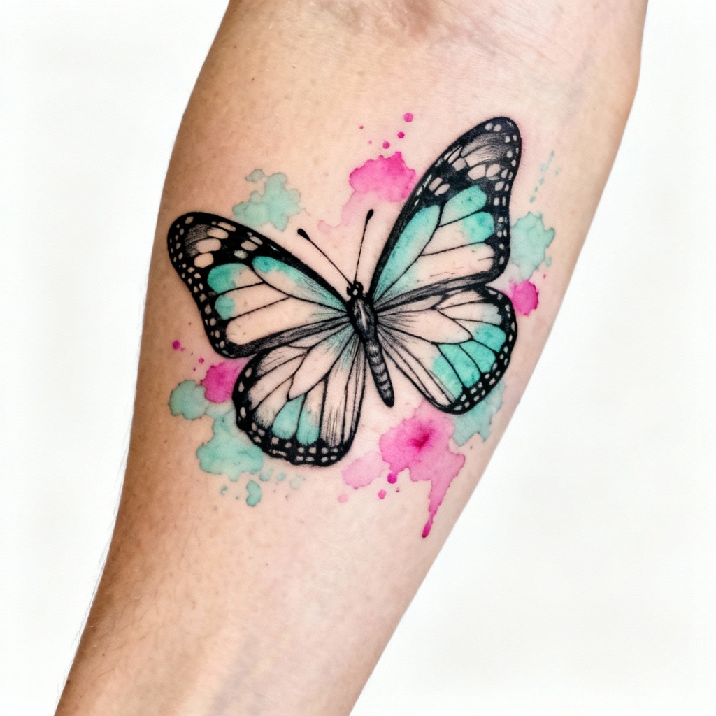 Watercolor monarch butterfly forearm tattoo mockup