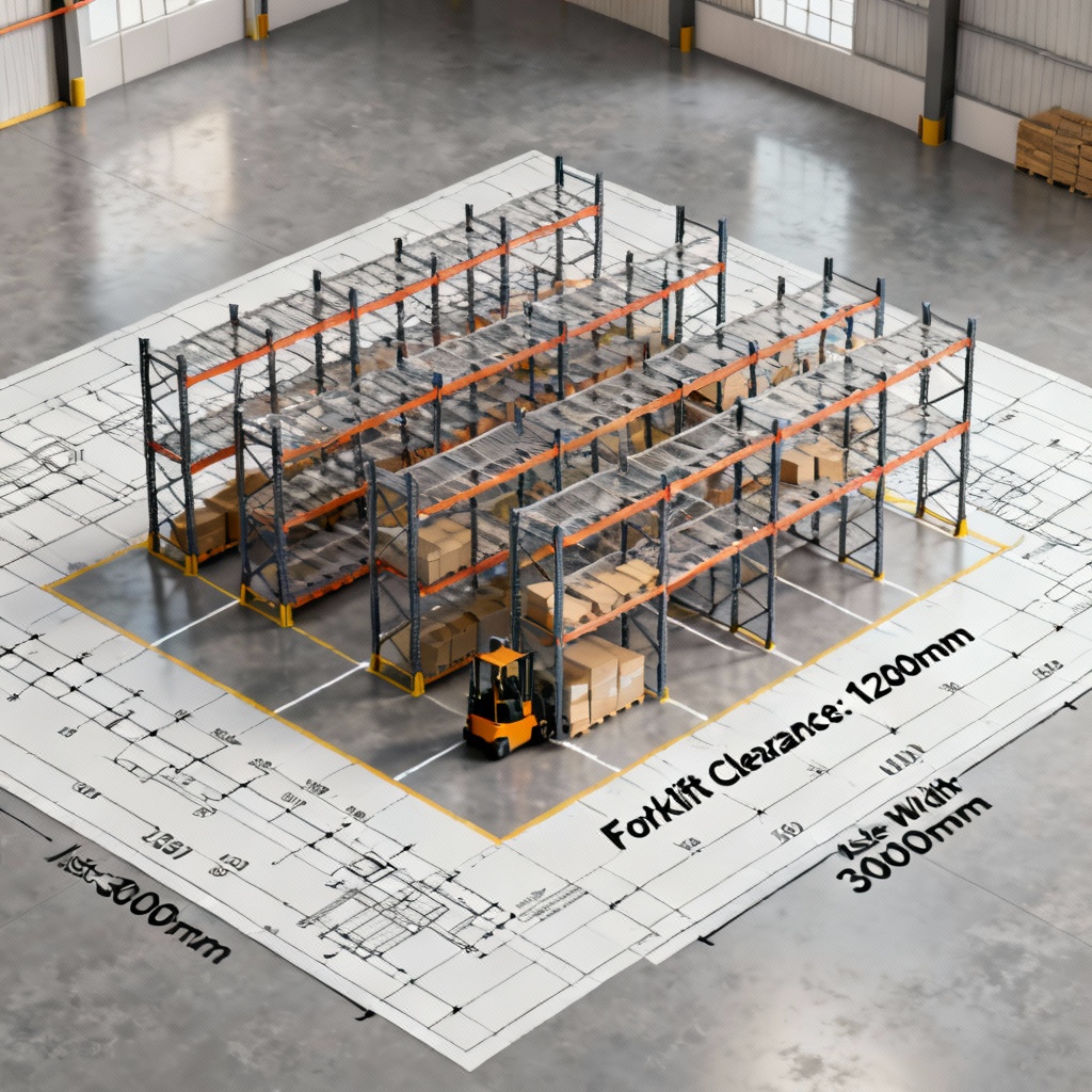 AI industrial shelving generator visual with pallet racks and annotated dimensions