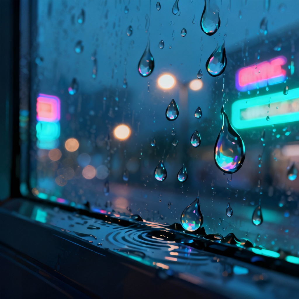 AI serene rainy window with bokeh city lights