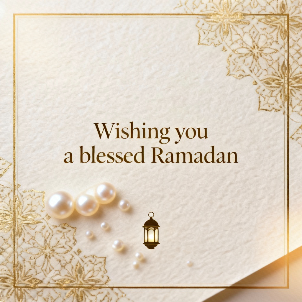 Ivory pearl Ramadan card with classic pattern and delicate gold details