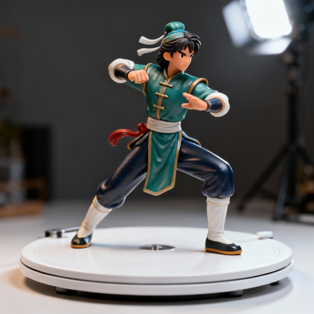 AI figure hero image on white studio turntable