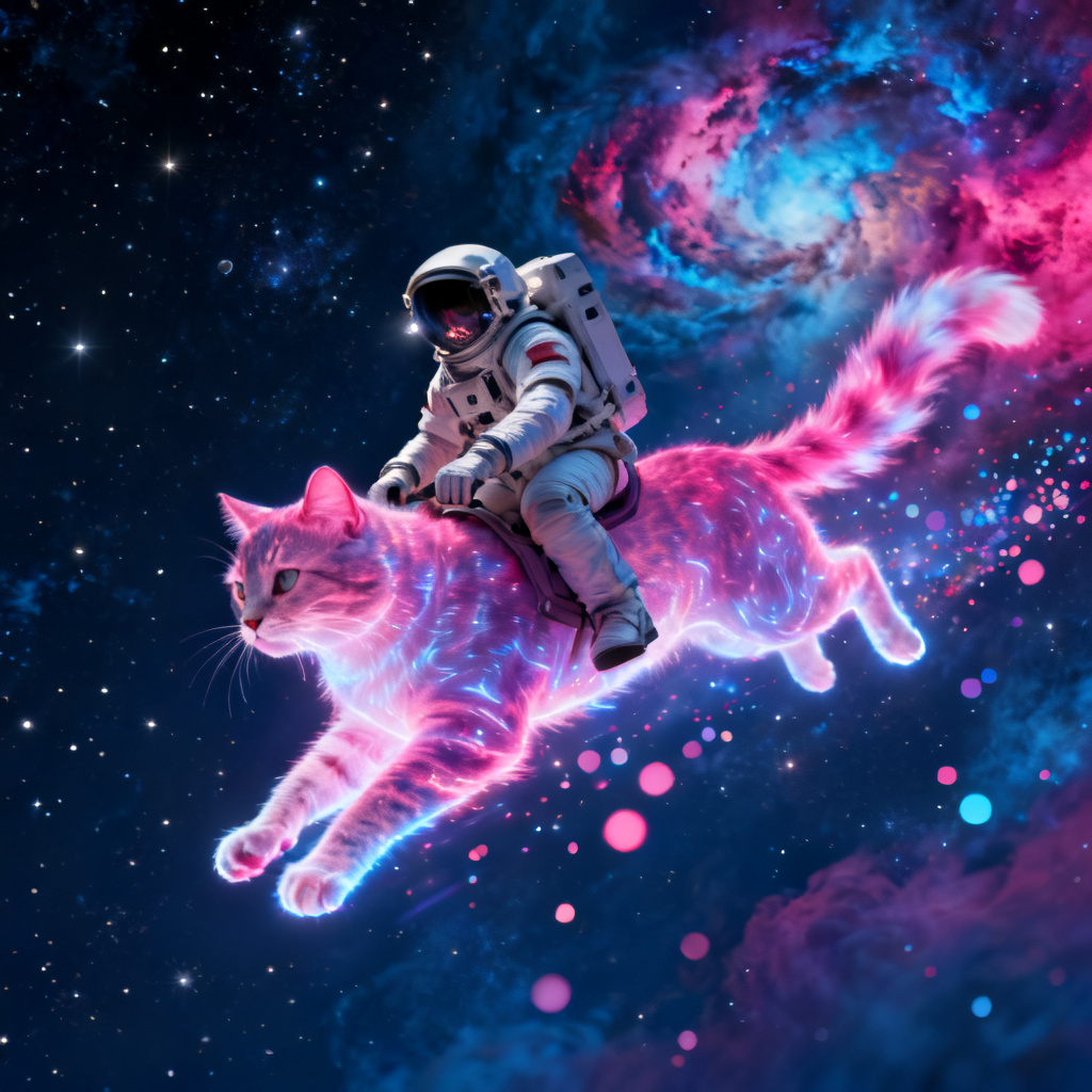 Astronaut riding a cosmic cat among stars and nebulas