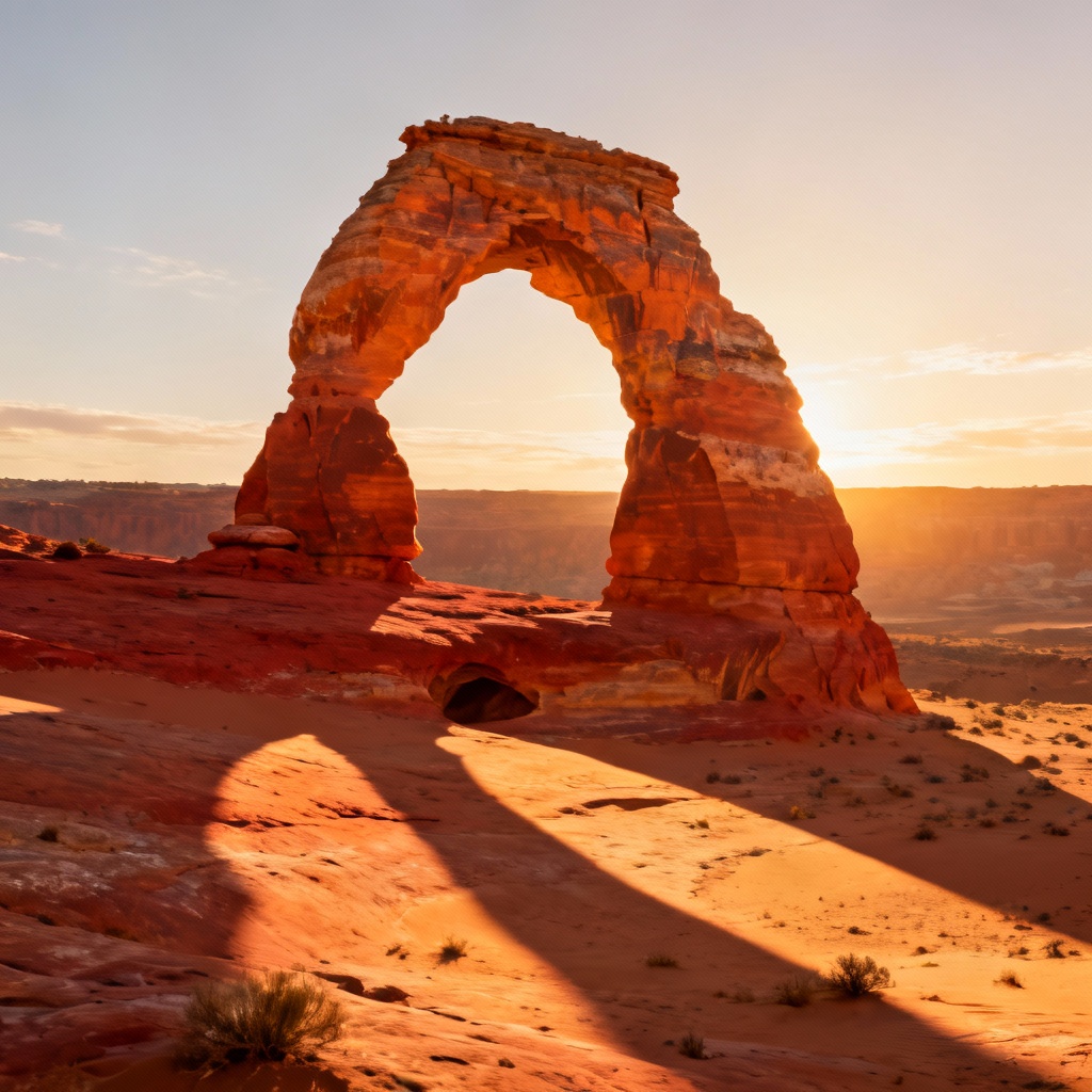 AI sandstone arches glowing at sunrise with long shadows
