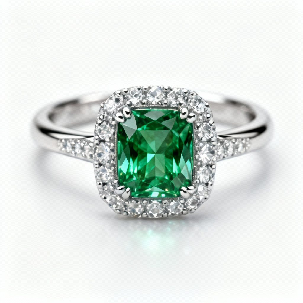 AI Emerald Halo Ring Jewelry Render