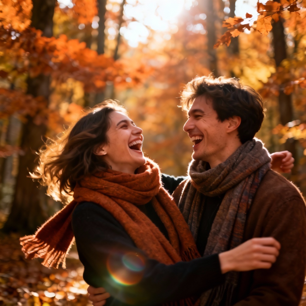 AI couple portrait in autumn forest engagement style