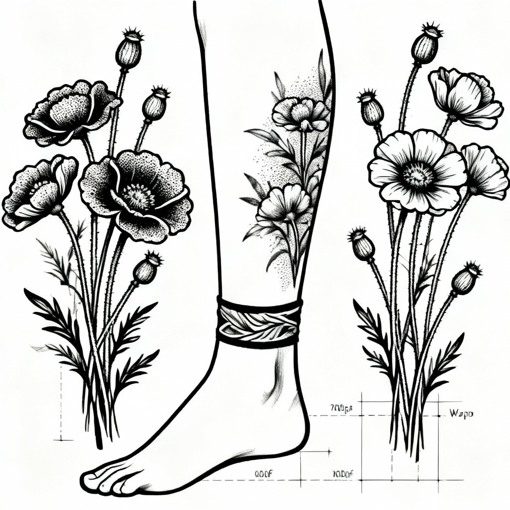 Blackwork wildflower ankle tattoo