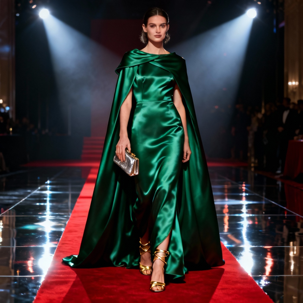 AI emerald satin evening gown with cape detail