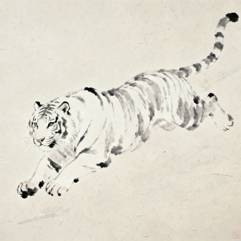 Sumi-e ink wash white tiger artwork on rice paper