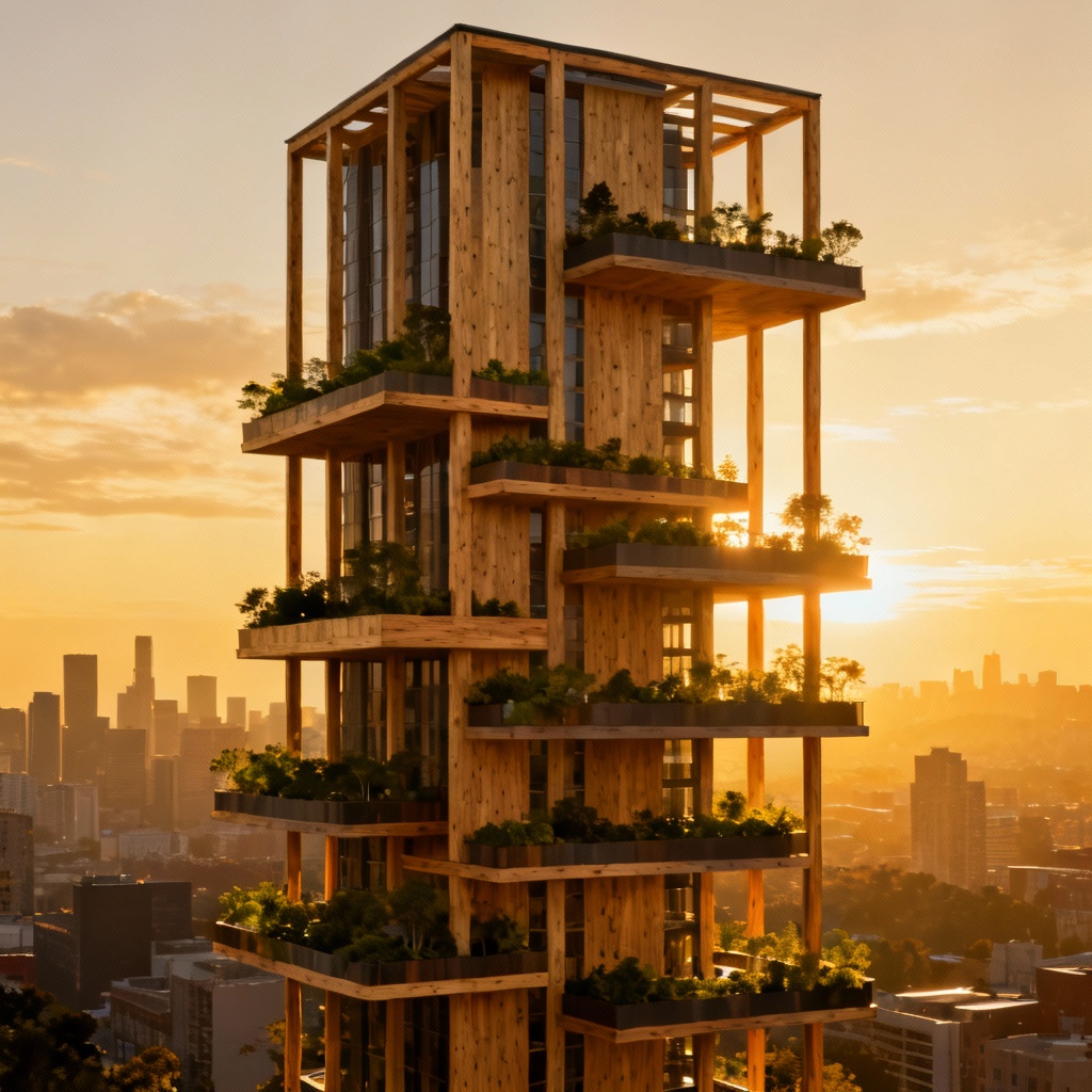 Concept art of a modern timber skyscraper with green terraces