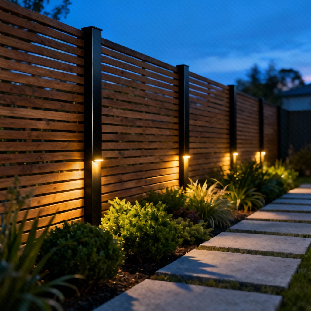 Photorealistic modern horizontal slat privacy fence beside a landscaped backyard