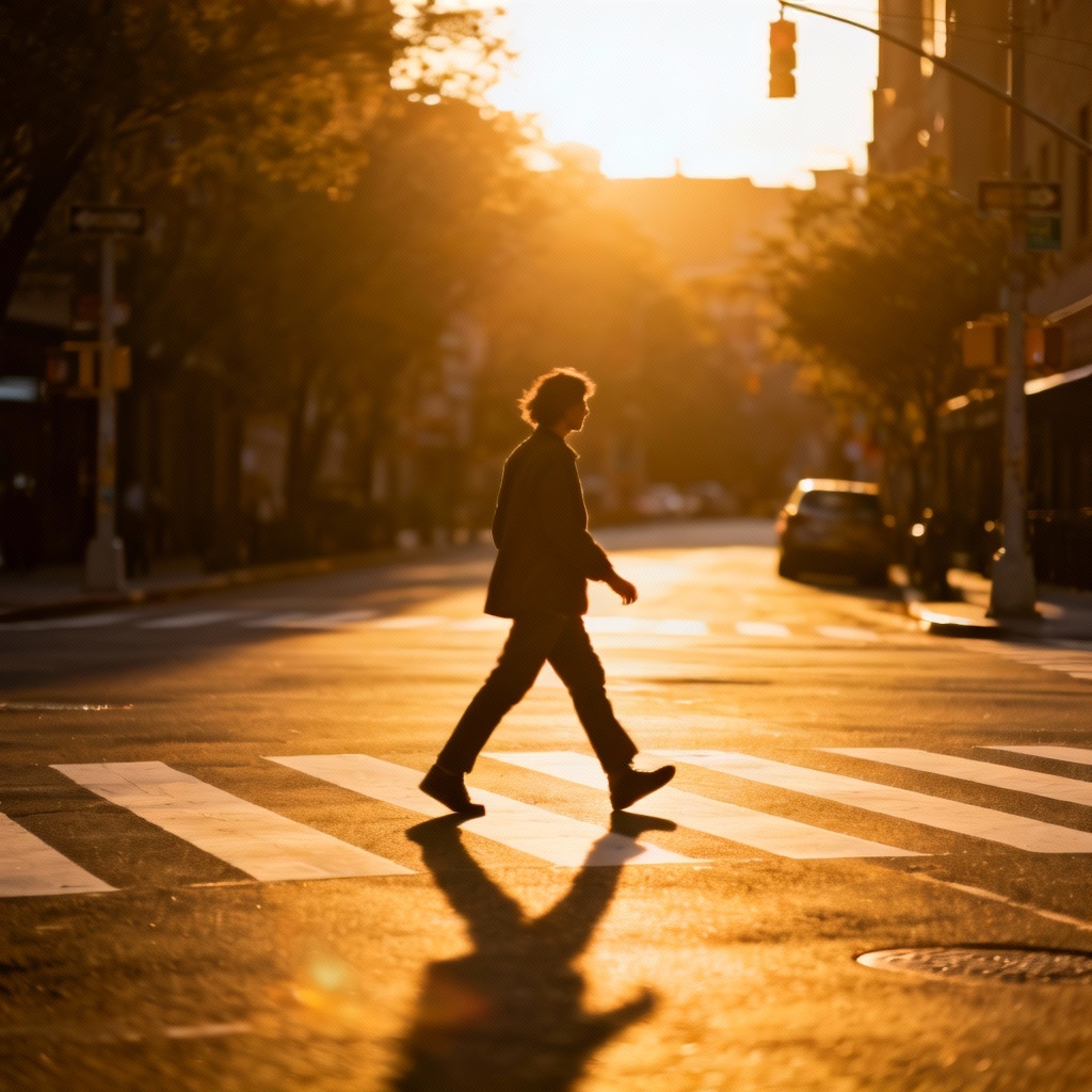 AI candid street photo of a person walking at golden hour