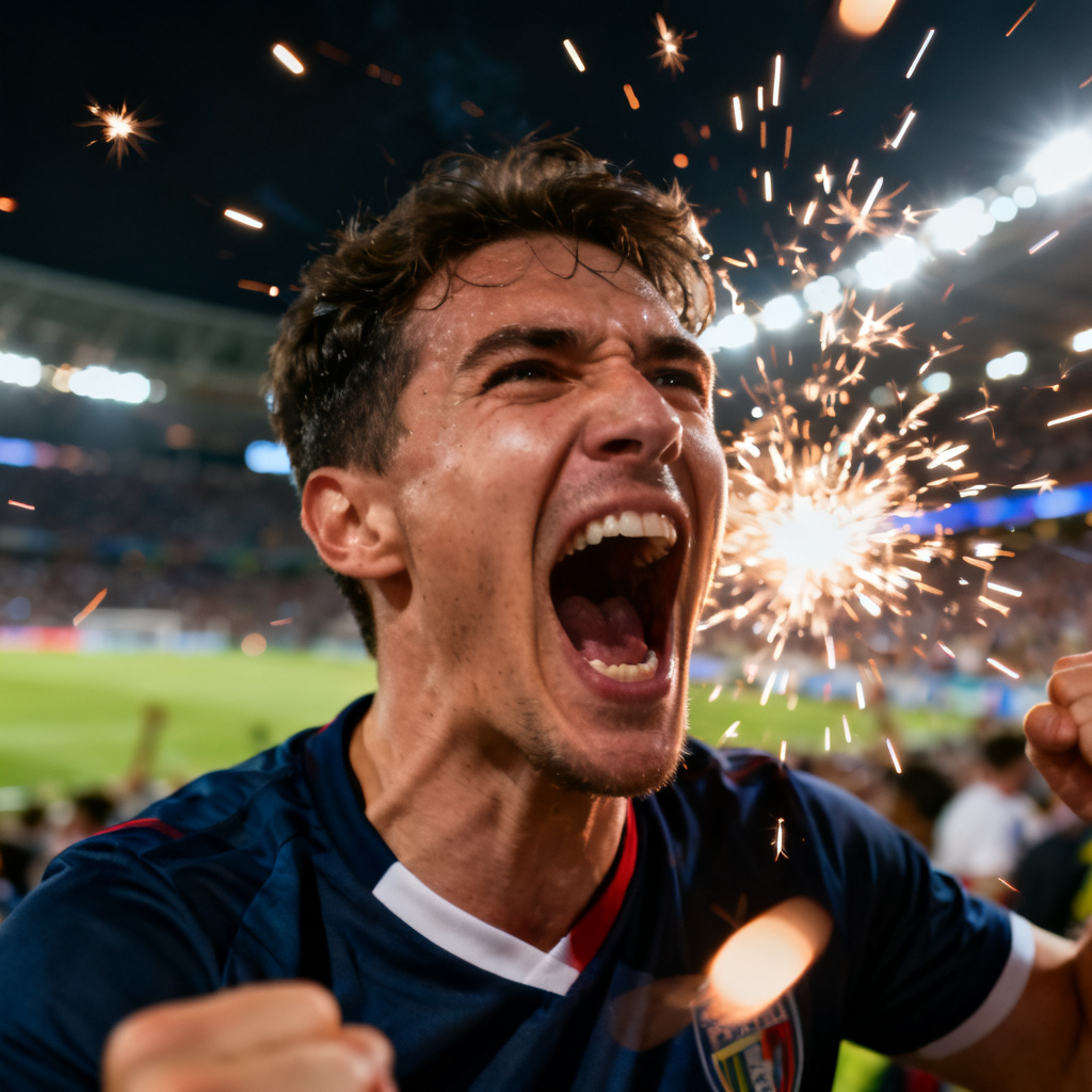 AI football supporter celebrating a goal with pyrotechnic sparks