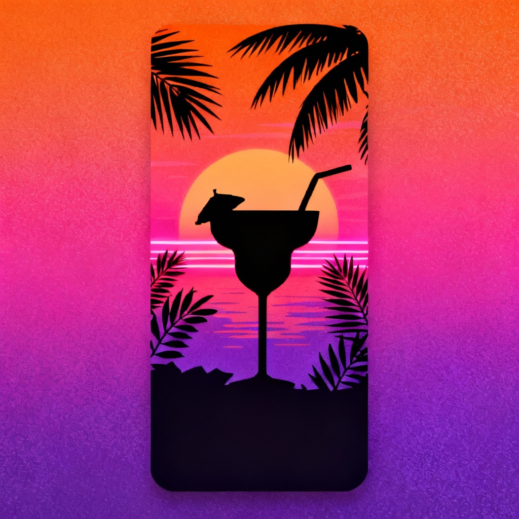 Tropical neon story background with cocktail and palm fronds