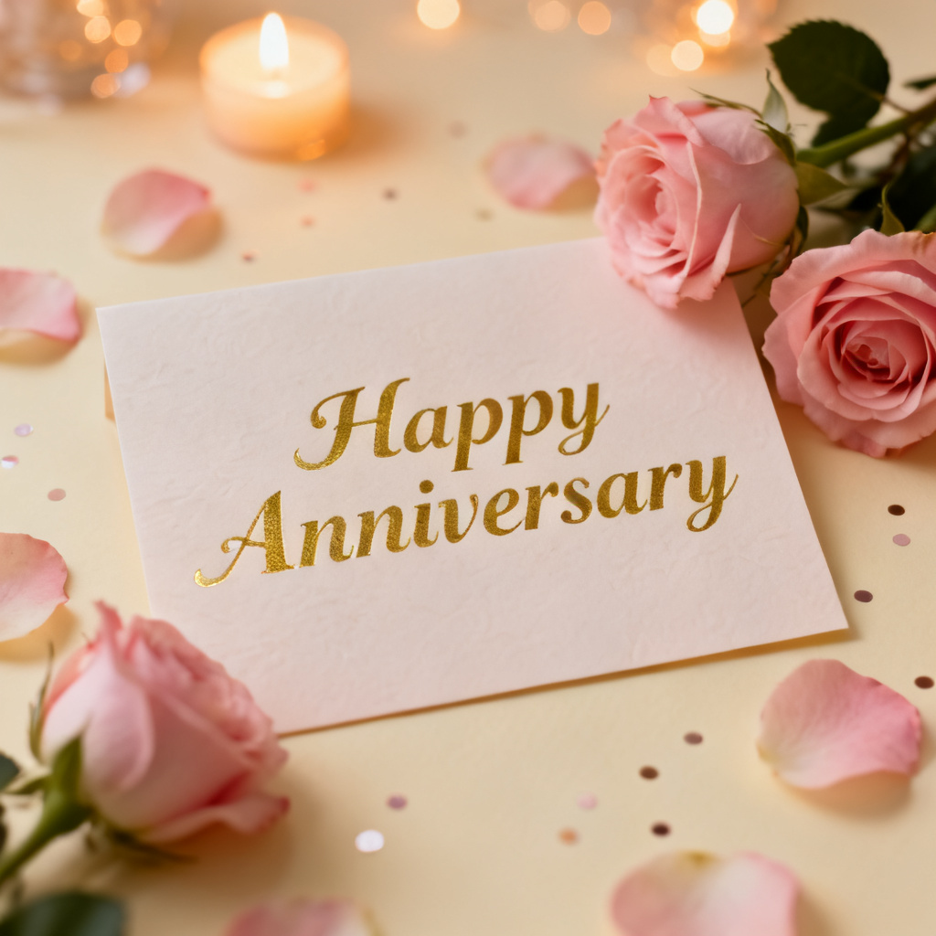 AI happy anniversary card with gold foil text, roses, and soft bokeh