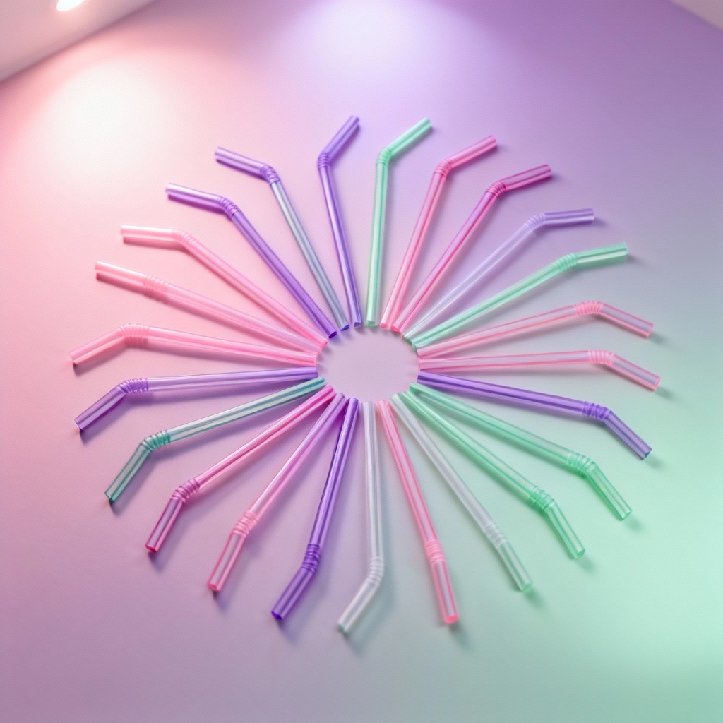 AI image of colorful bendy cocktail straws arranged in a radial pattern