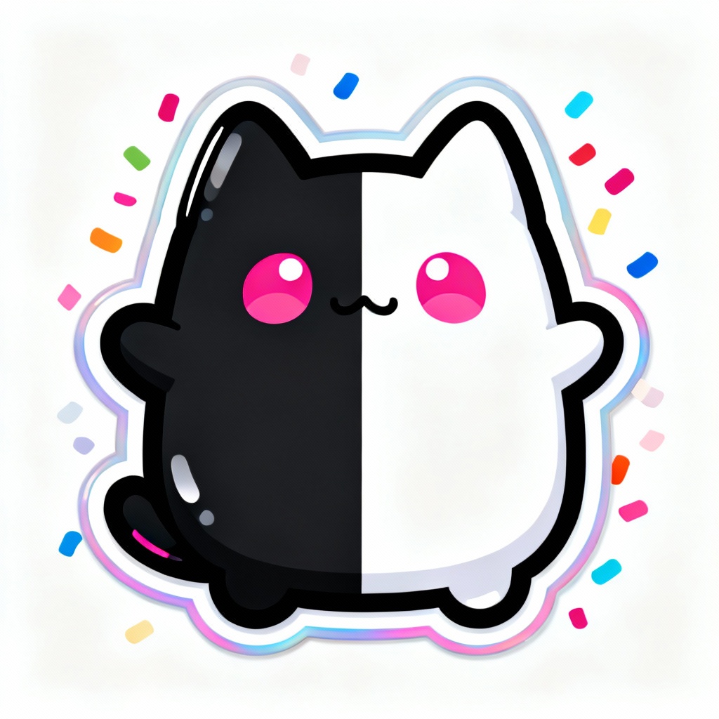 Split-tone black and white mascot with pink accent in Danganronpa style