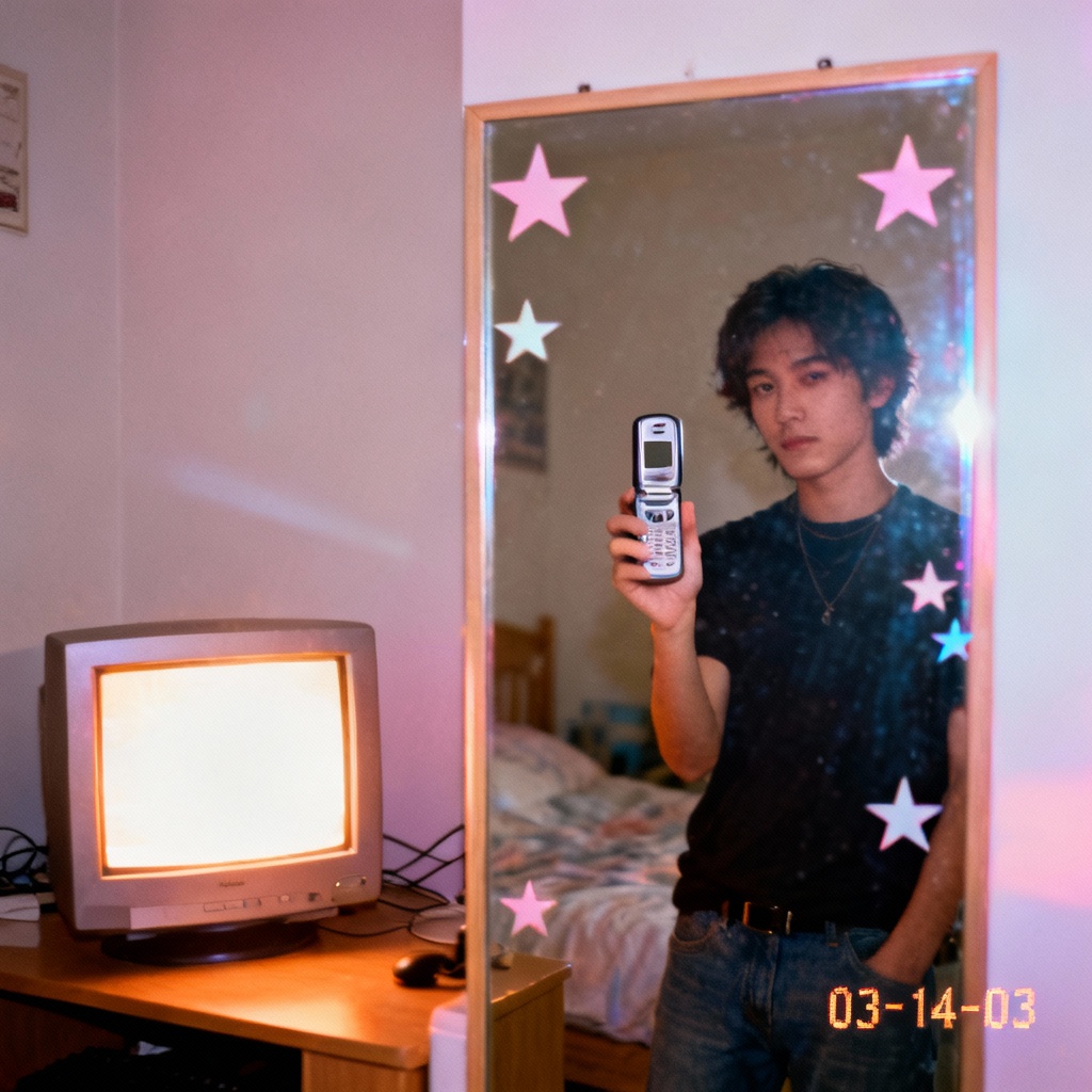 AI nostalgic Y2K mirror selfie with date stamp