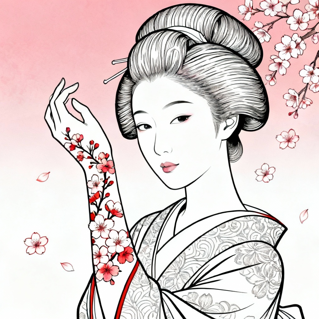 AI Geisha and sakura fine-line Japanese forearm tattoo