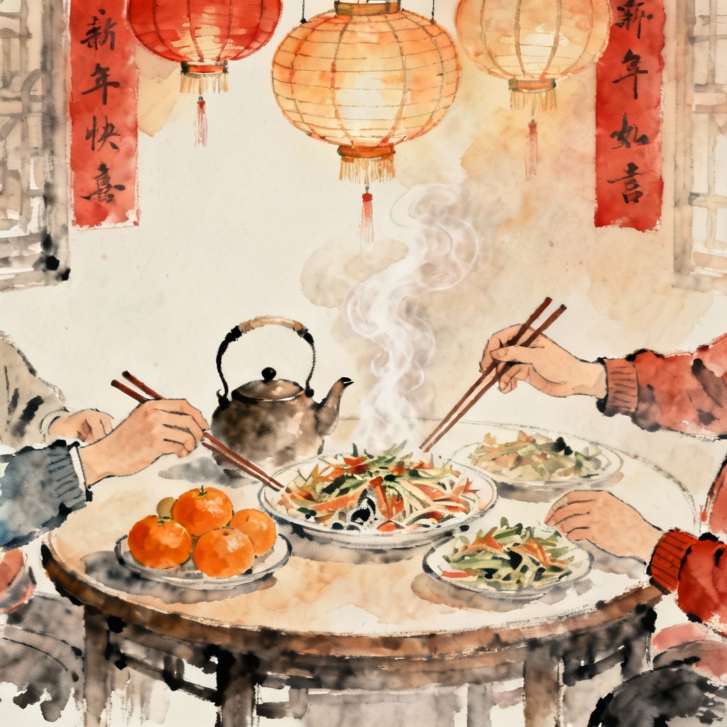 Watercolor Lo Hei scene at reunion dinner