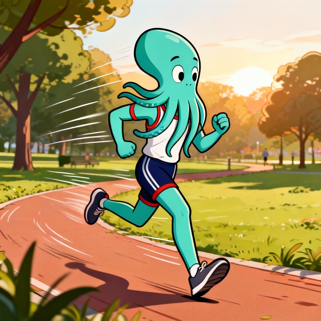 AI Squidward athletic running scene