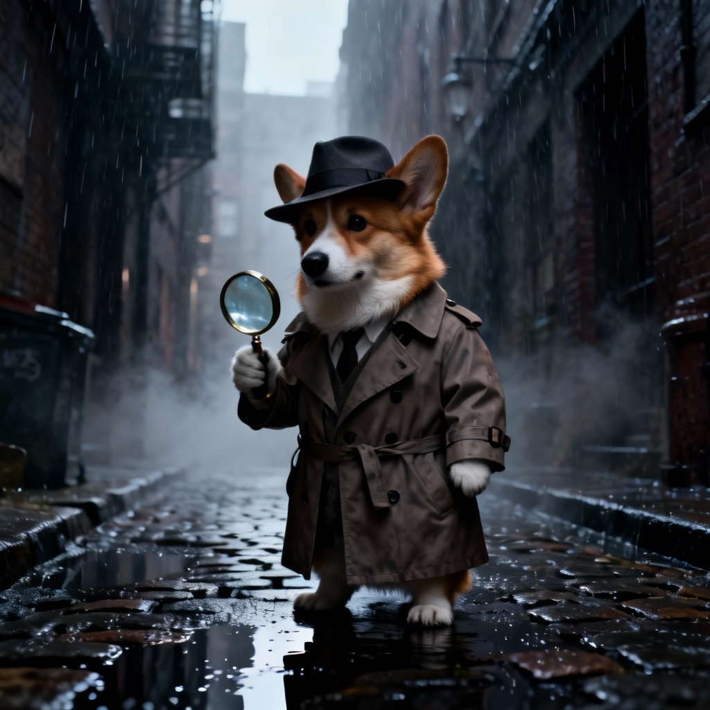 AI anthropomorphic corgi detective character in noir style