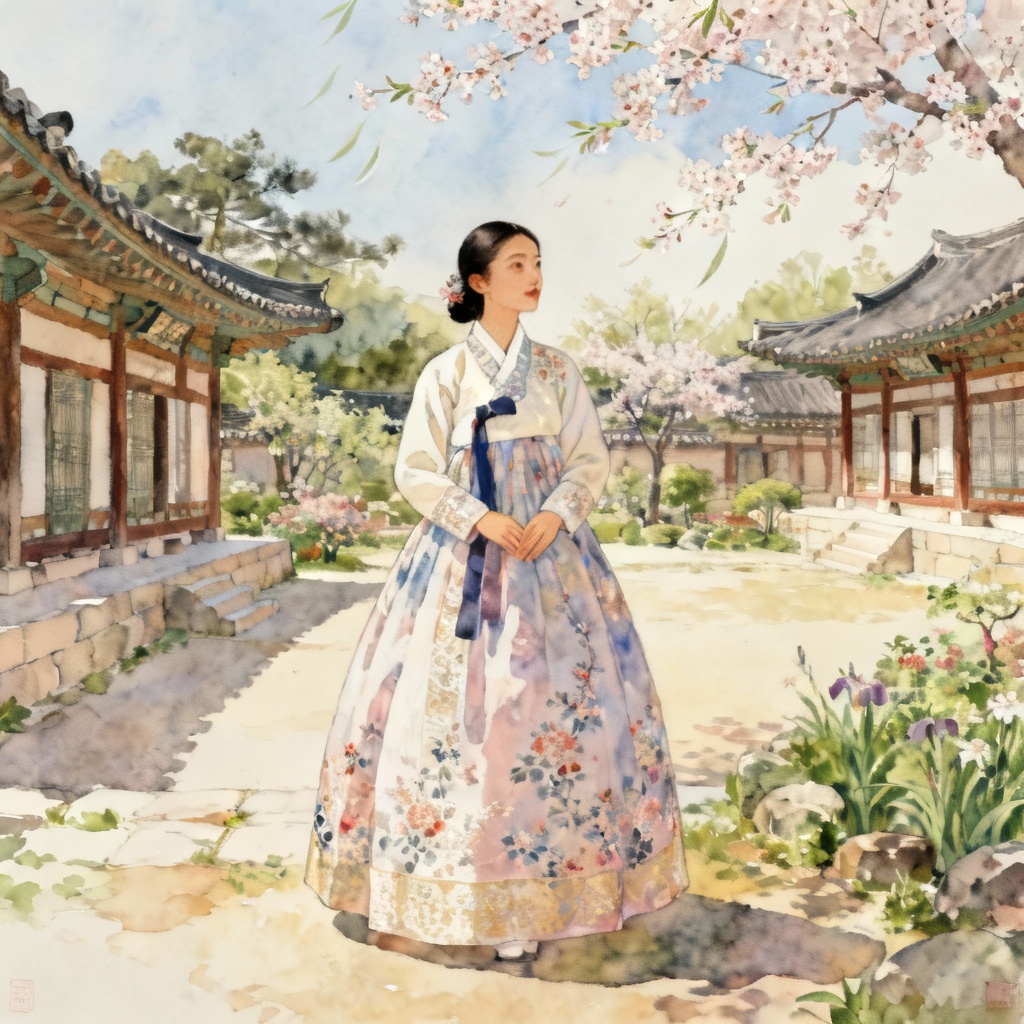 AI hanbok portrait in a palace garden with spring blossoms