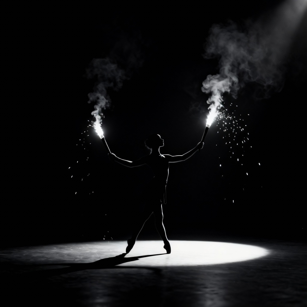AI minimal studio fire dancer silhouette with torches
