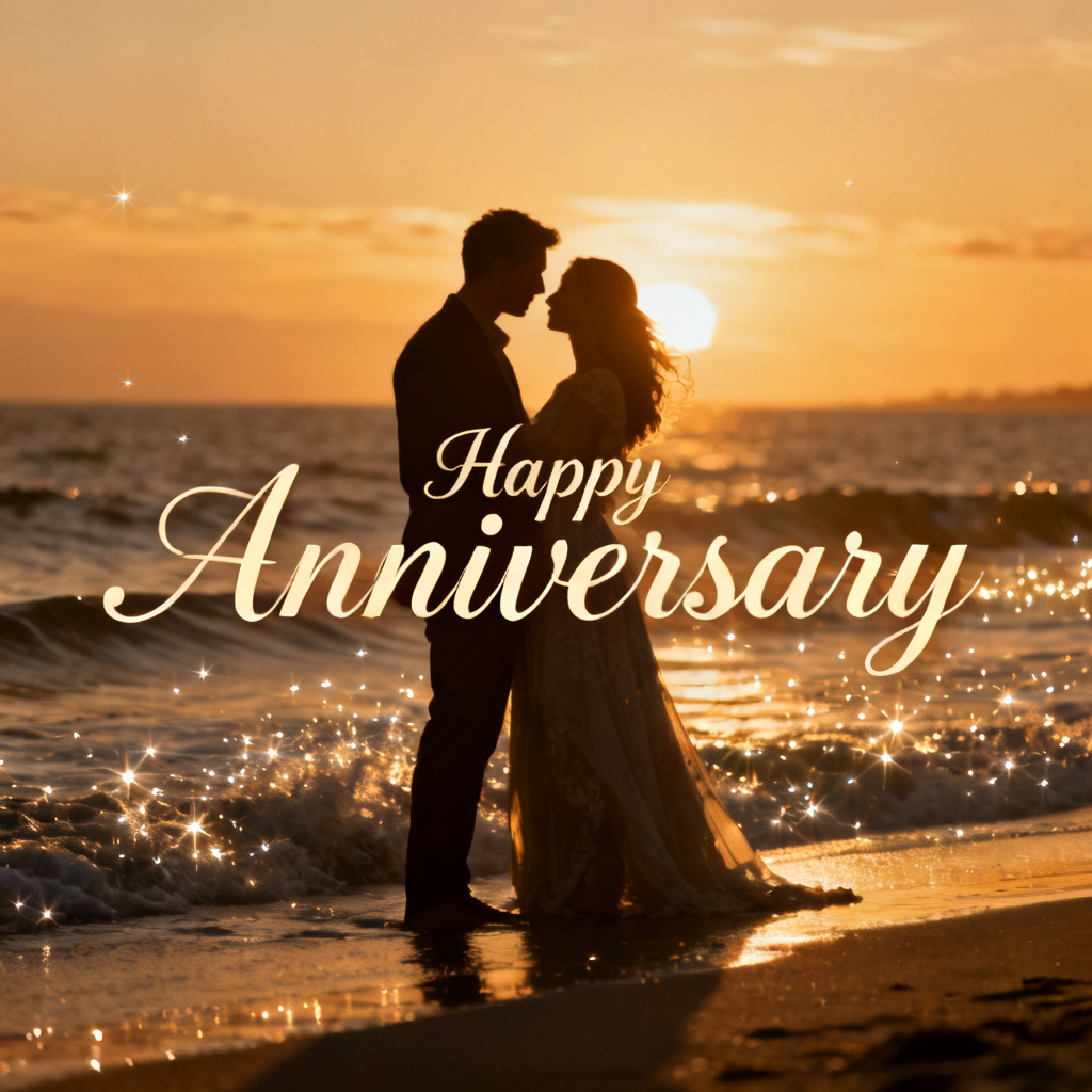 AI sunset beach anniversary photo with elegant text overlay