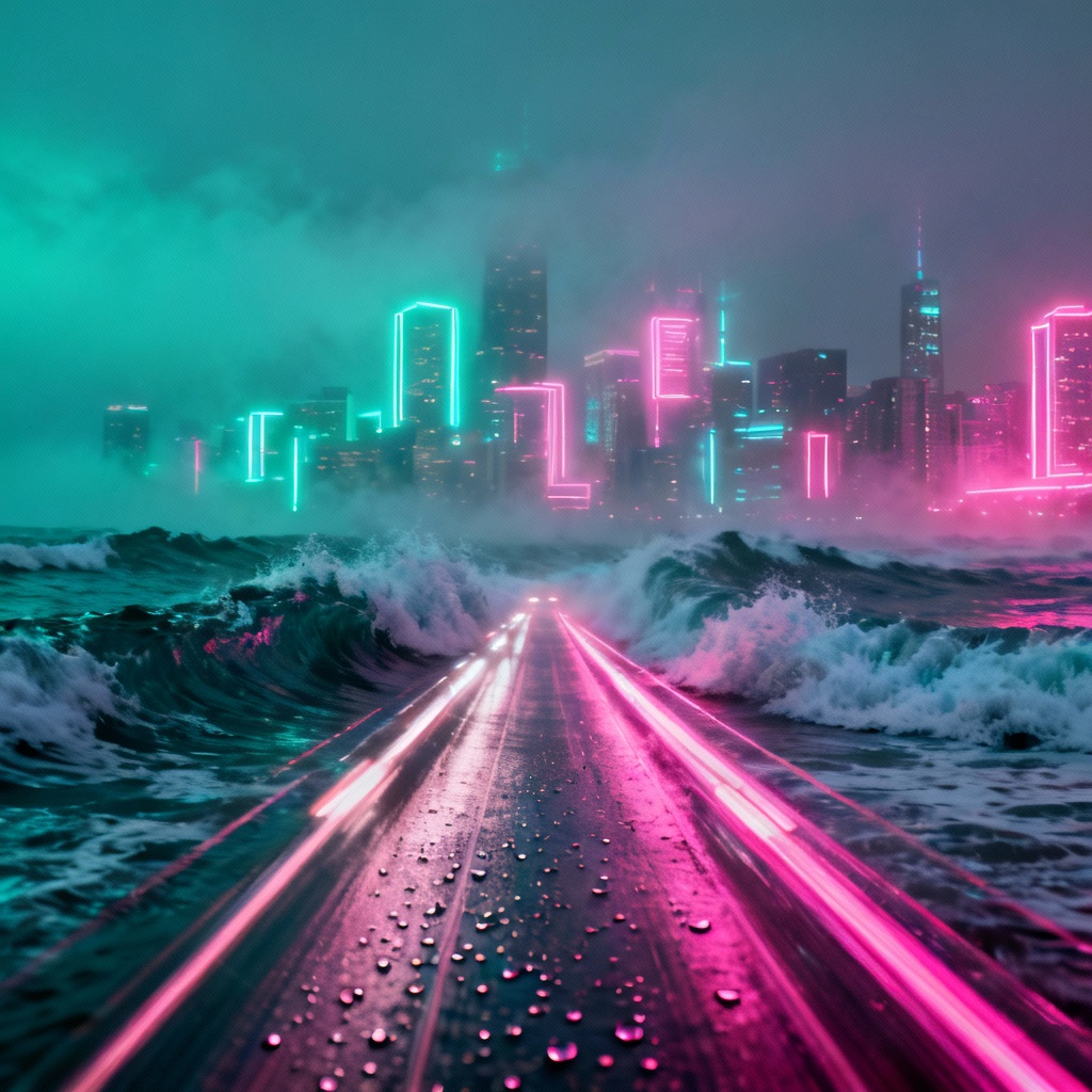 AI neon city and ocean double exposure mashup