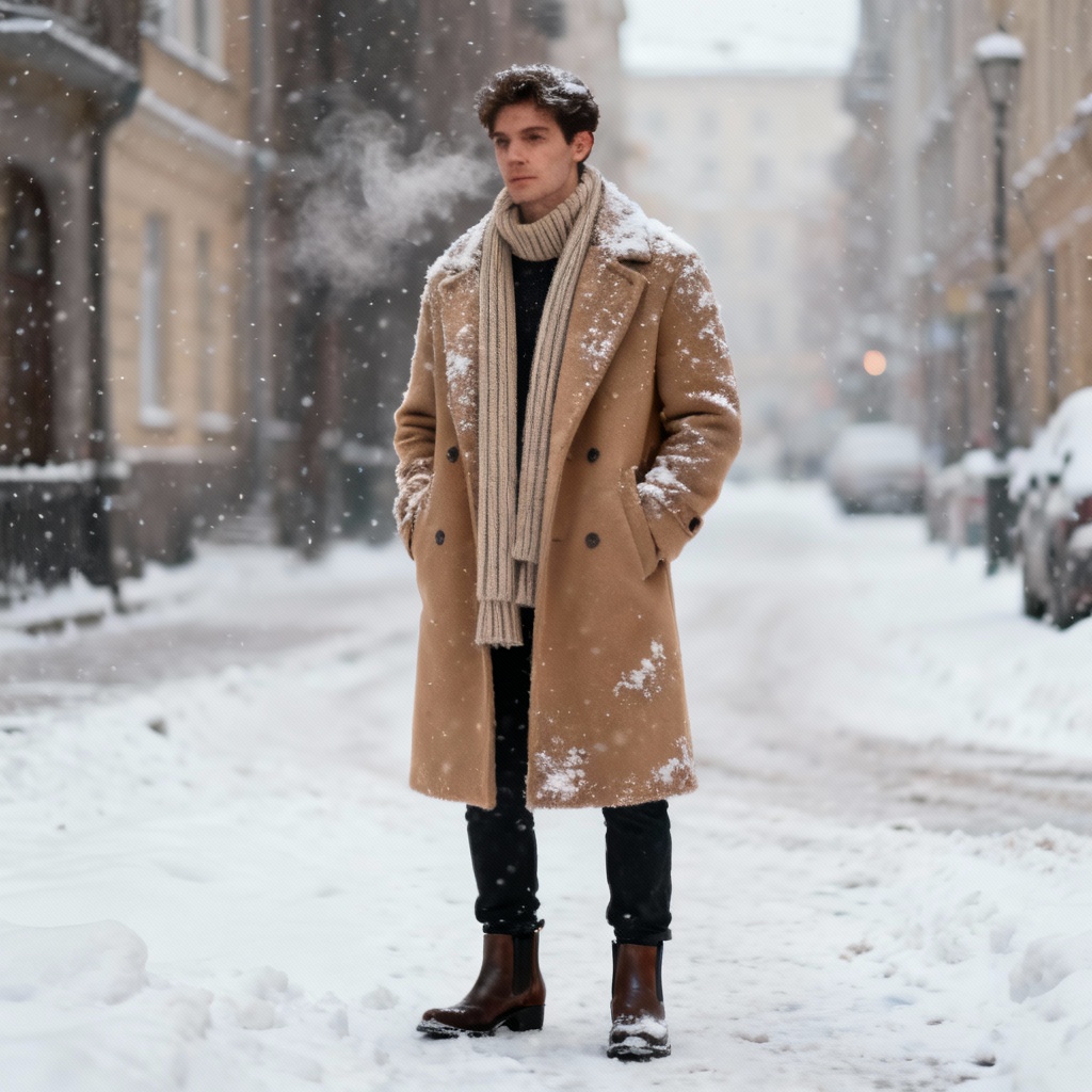 AI men’s camel coat winter outfit in snowy street