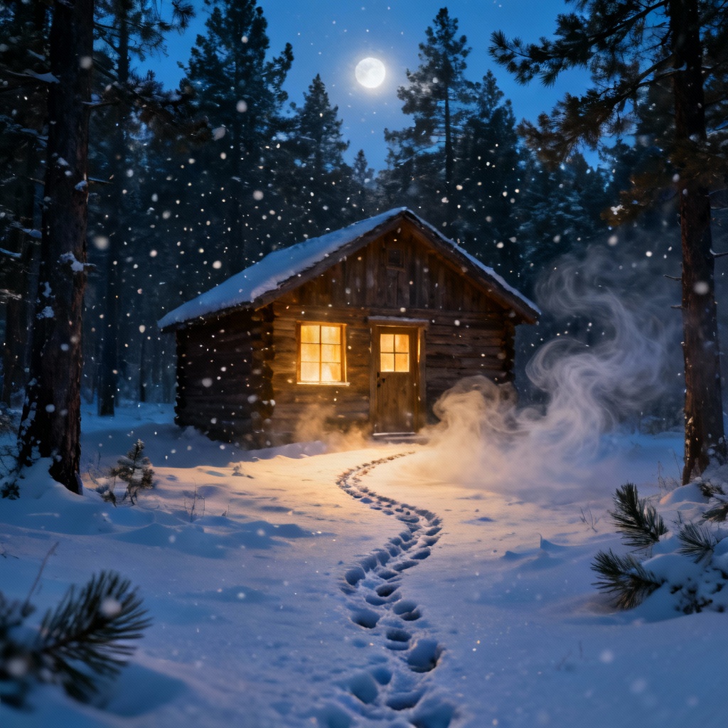 Forest cabin with warm light during a soft snowy night
