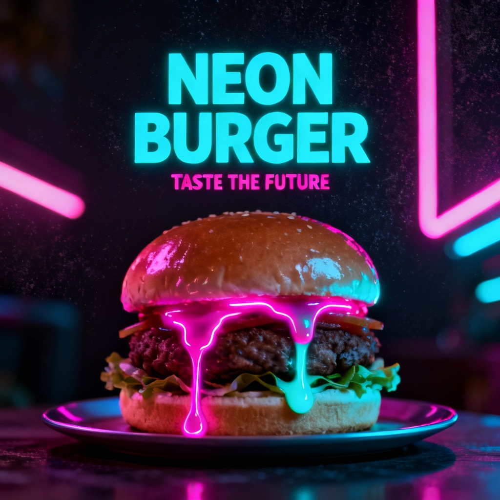 AI neon cyberpunk burger poster with glowing highlights
