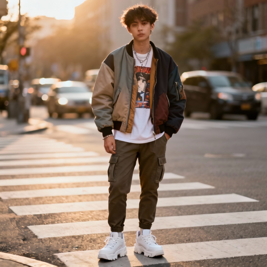 AI-generated urban street style look with layered jacket, cargo pants, and sneakers