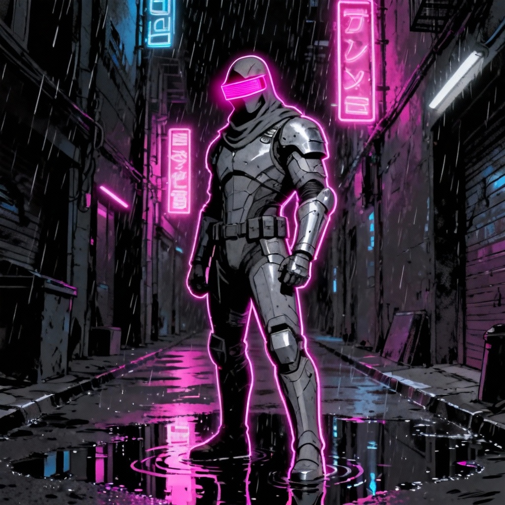 AI cyberpunk superhero in neon alley with hologram visor