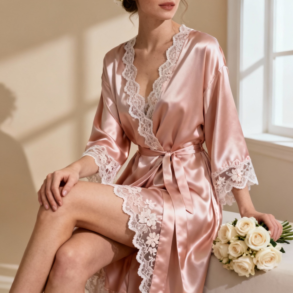 AI blush satin bridal pink robe with lace
