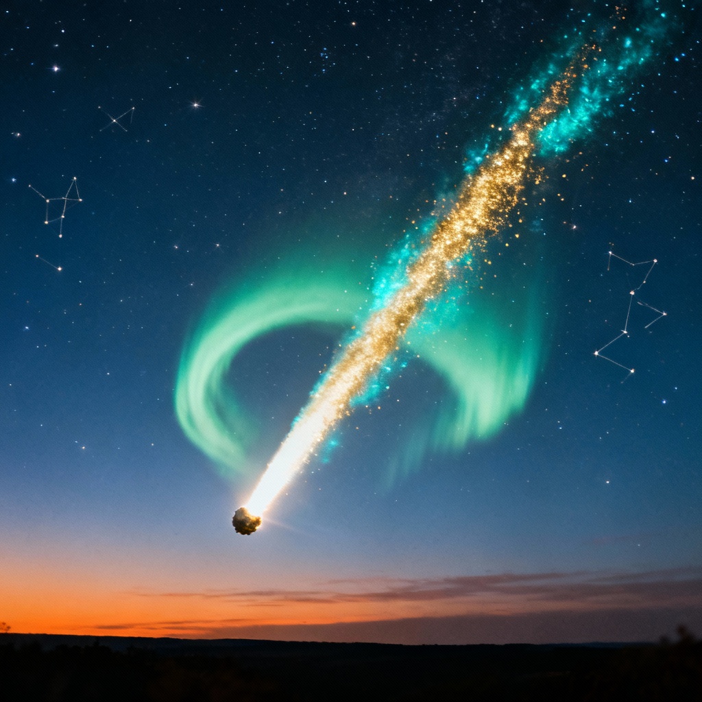 Comet with a wide luminous tail in a twilight sky