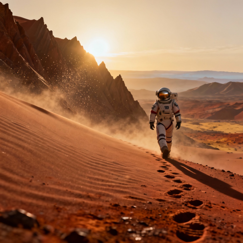 AI astronaut walking across sunlit dunes on Mars