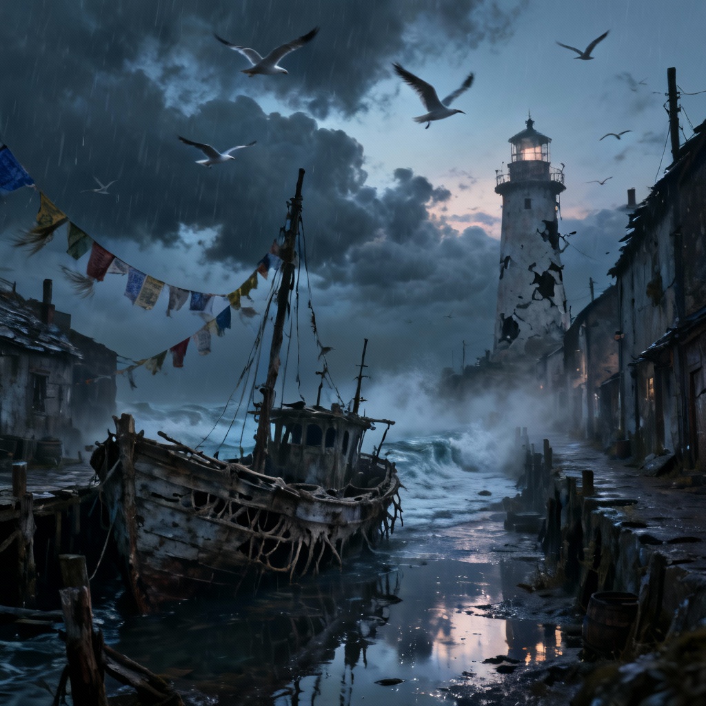 AI abandoned harbor village with misty docks and broken lighthouse