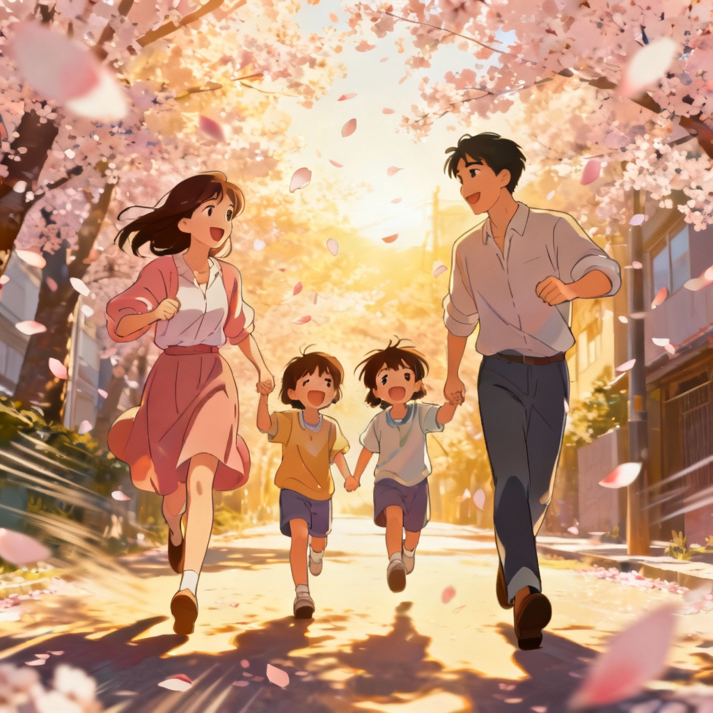 Anime Family Strolling in Neighborhood