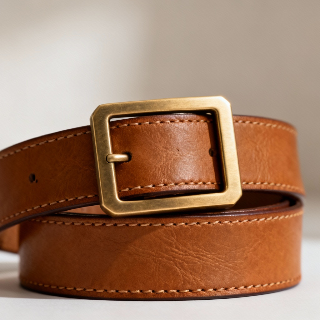 AI minimal tan leather belt with brass buckle
