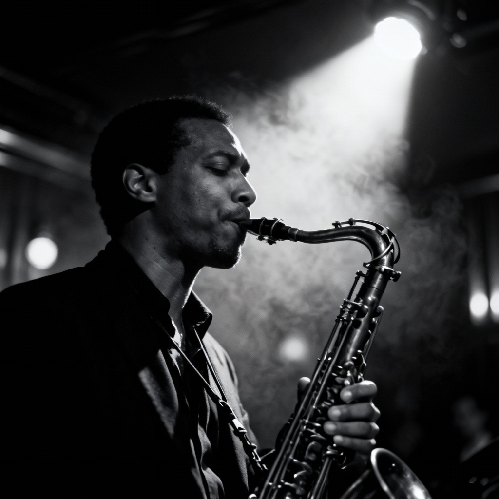 AI jazz saxophonist in smoky club
