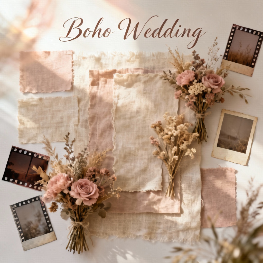 Boho wedding mood board collage with soft tones