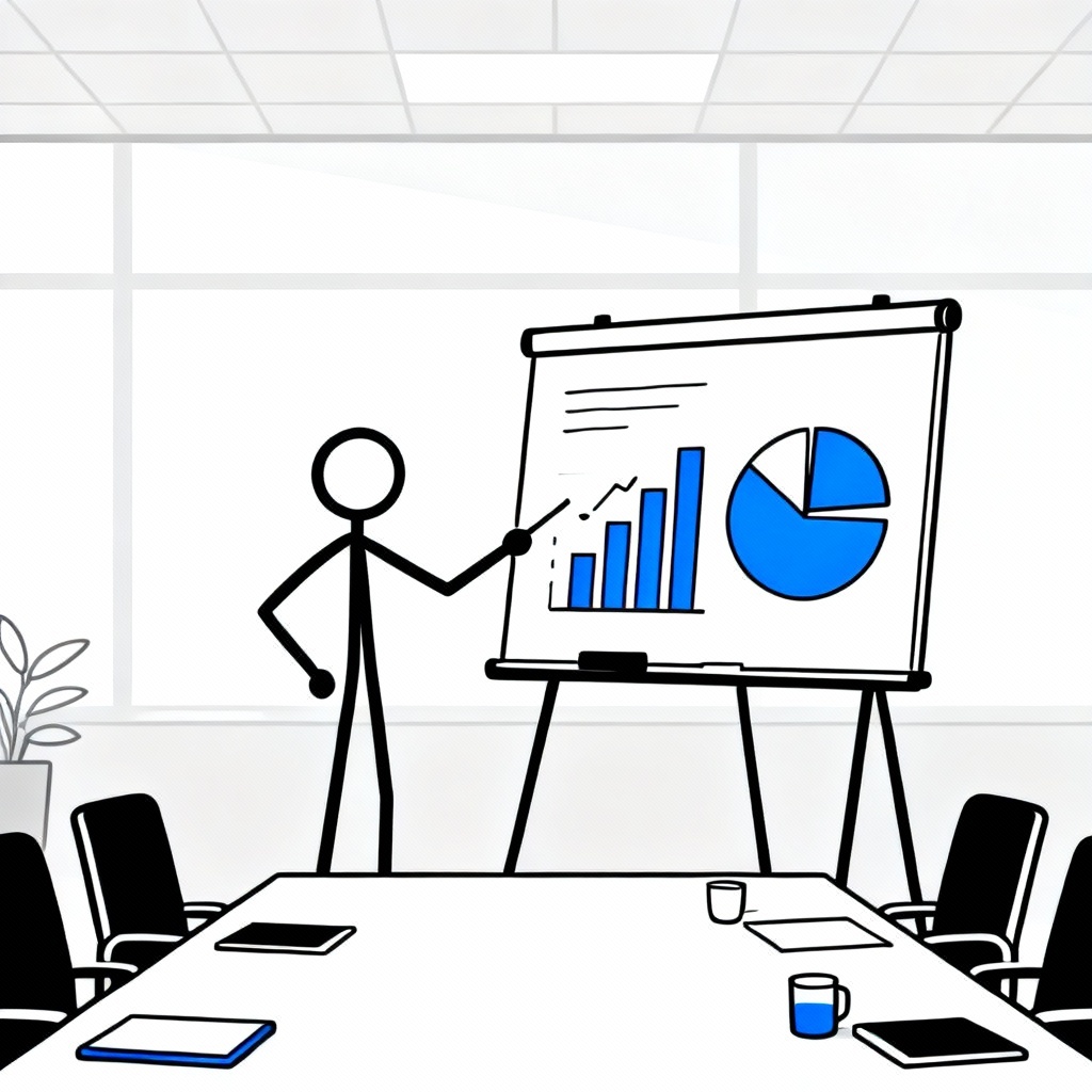 AI stick figure team presenting charts in a meeting
