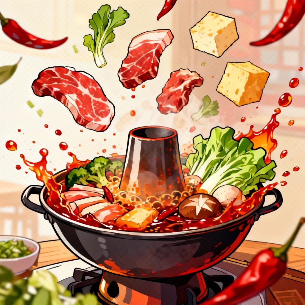 Anime style Chinese hotpot illustration with flying ingredients